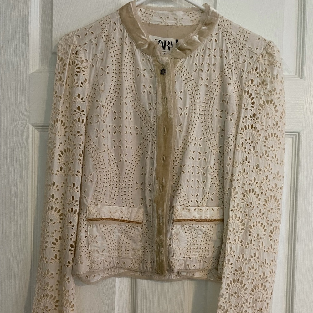 Zara Eyelet and Velvet-trim Jacket - size M